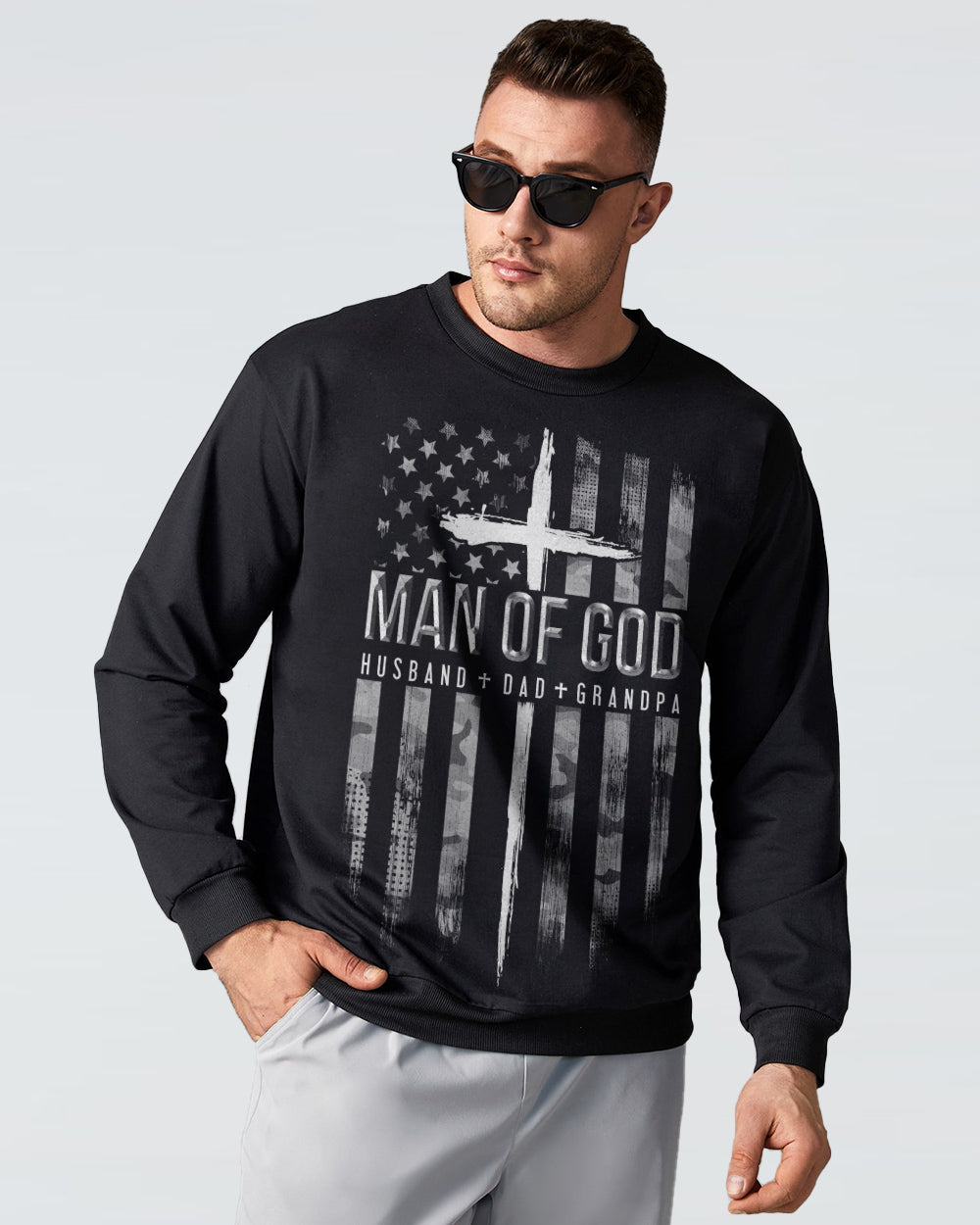 Man Of God Husband Dad Grandpa Flag Men's Christian Sweatshirt