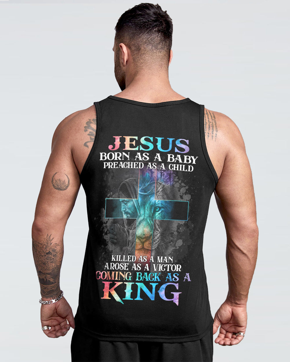 Jesus Born As A Baby Lion Cross Men's Christian Tanks
