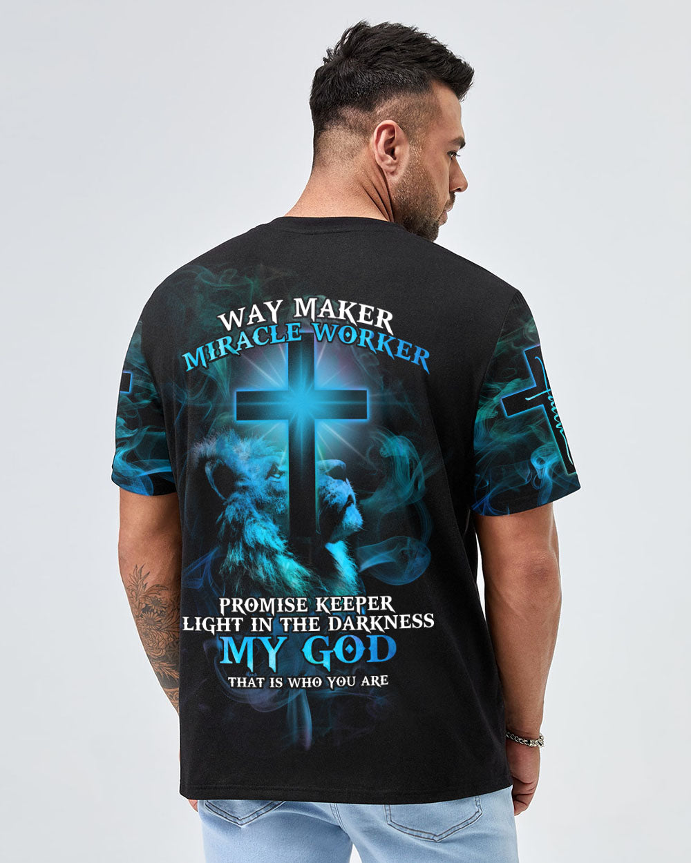 Way Maker Miracle Worker Blue Lion Cross Men's Christian Tshirt