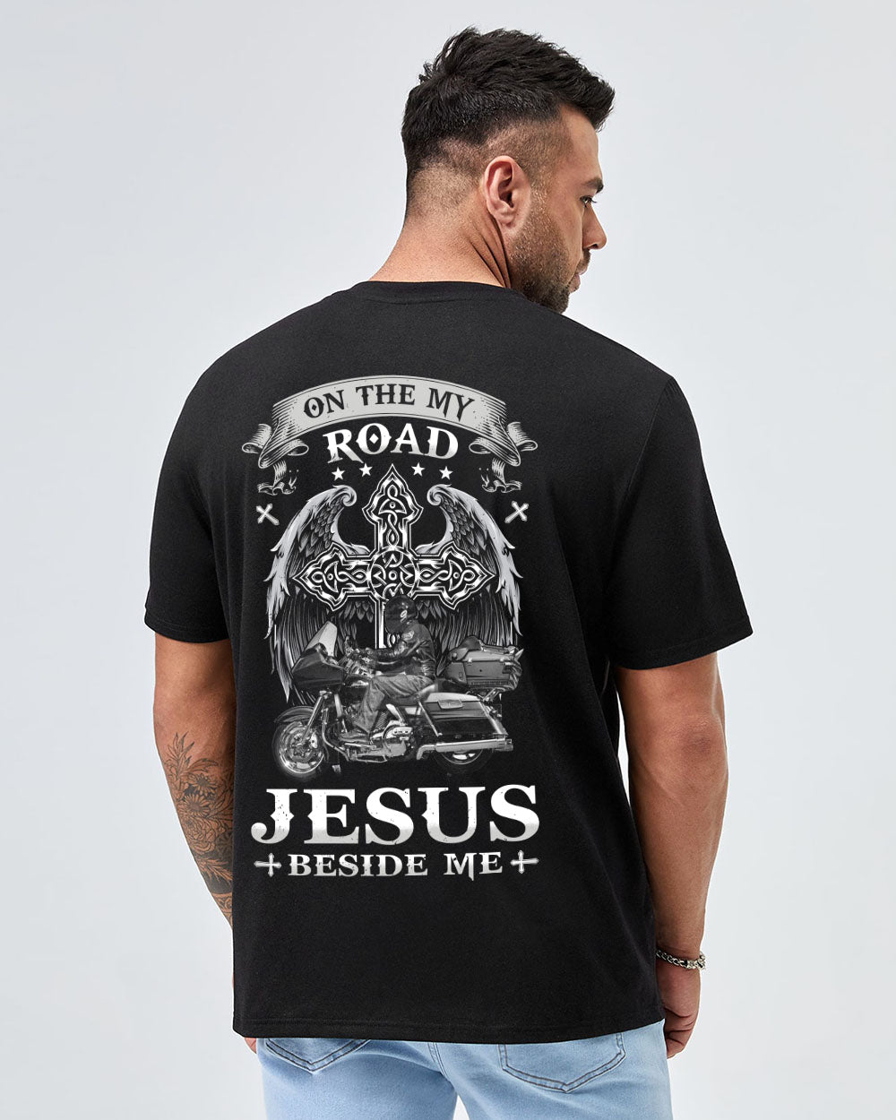 On The My Road Jesus Beside Me Biker Men's Christian Tshirt
