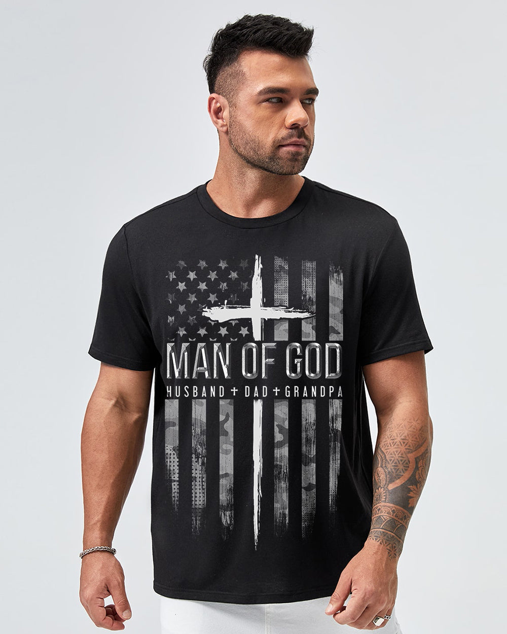 Man Of God Husband Dad Grandpa Flag Men's Christian Tshirt
