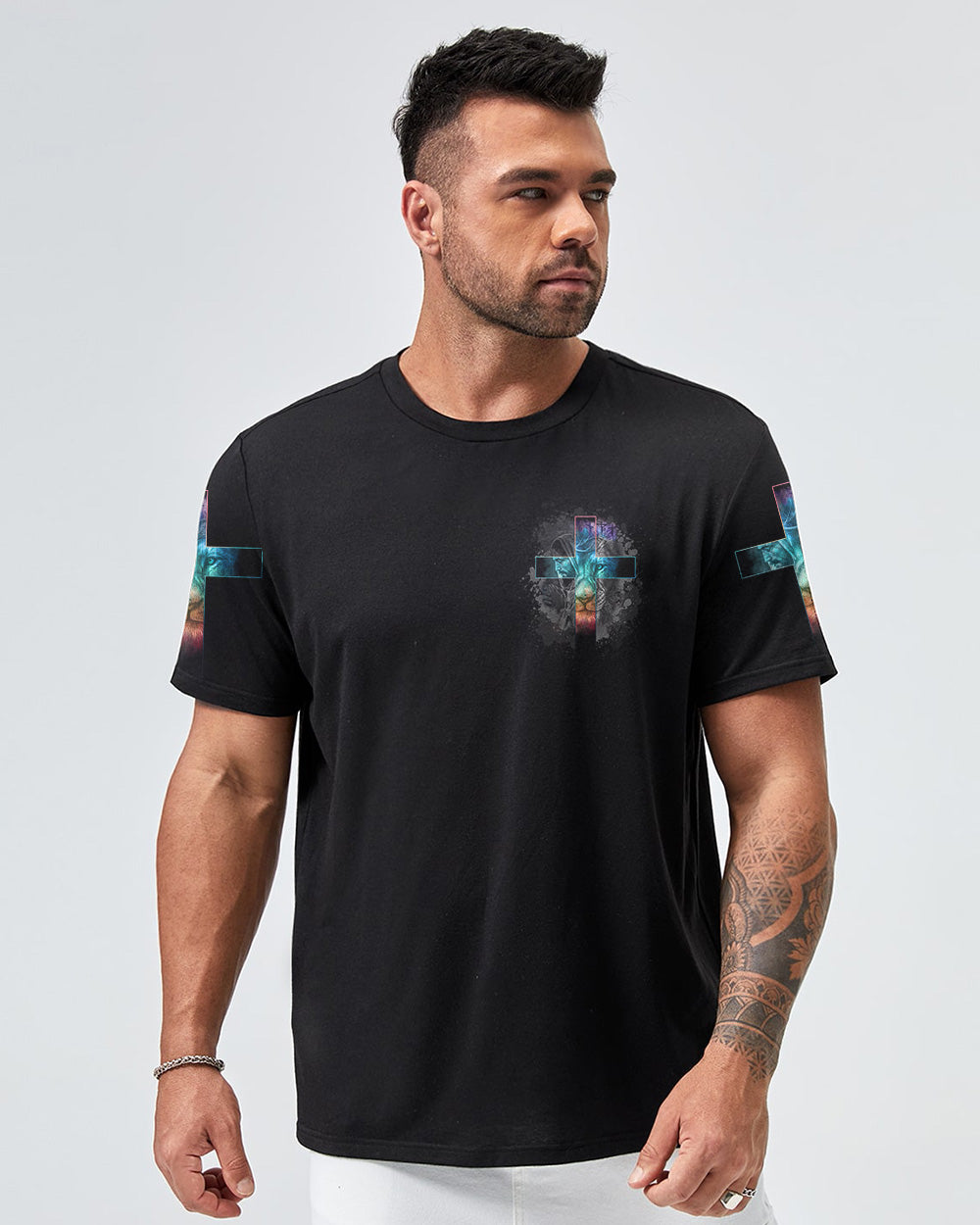Jesus Born As A Baby Lion Cross Men's Christian Tshirt