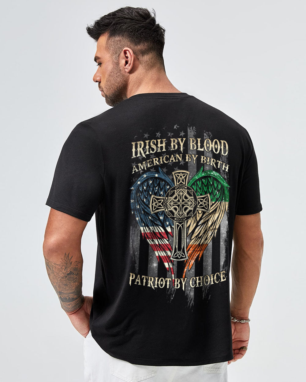 Irish By Blood American By Birth Wings Cross Men's Christian Tshirt