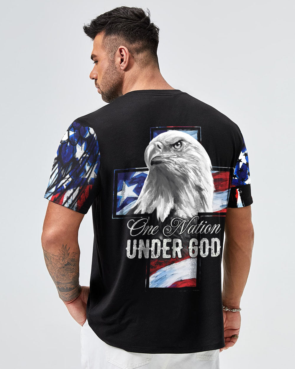 One Nation Under God Eagle Painting Cross Men's Christian Tshirt