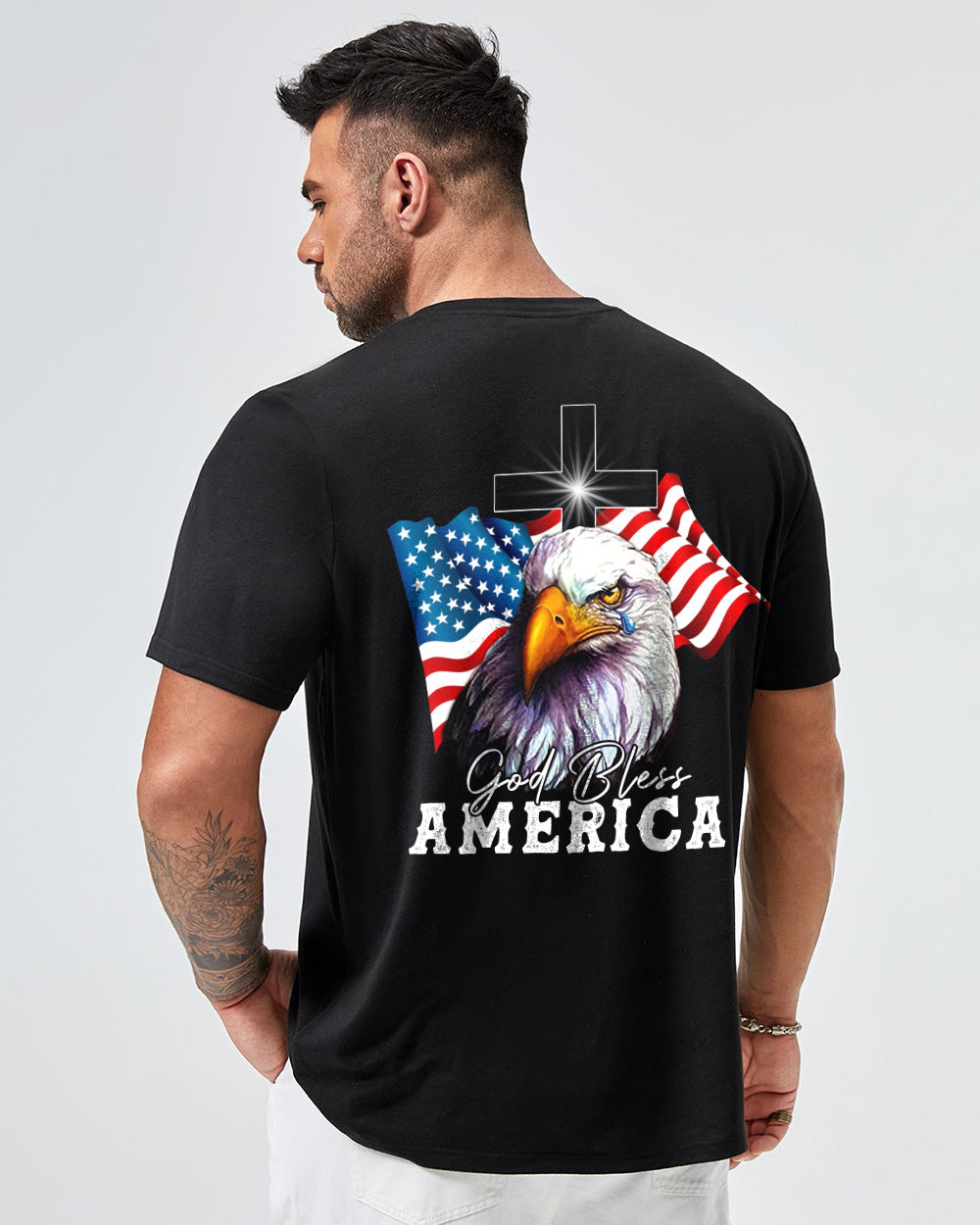 Gog Bless America Eagle Flag Cross Independence Day Men's Christian Tshirt