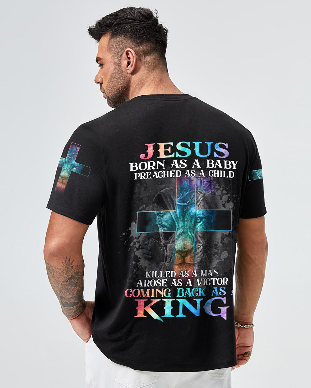 Jesus Born As A Baby Lion Cross Men's Christian Tshirt
