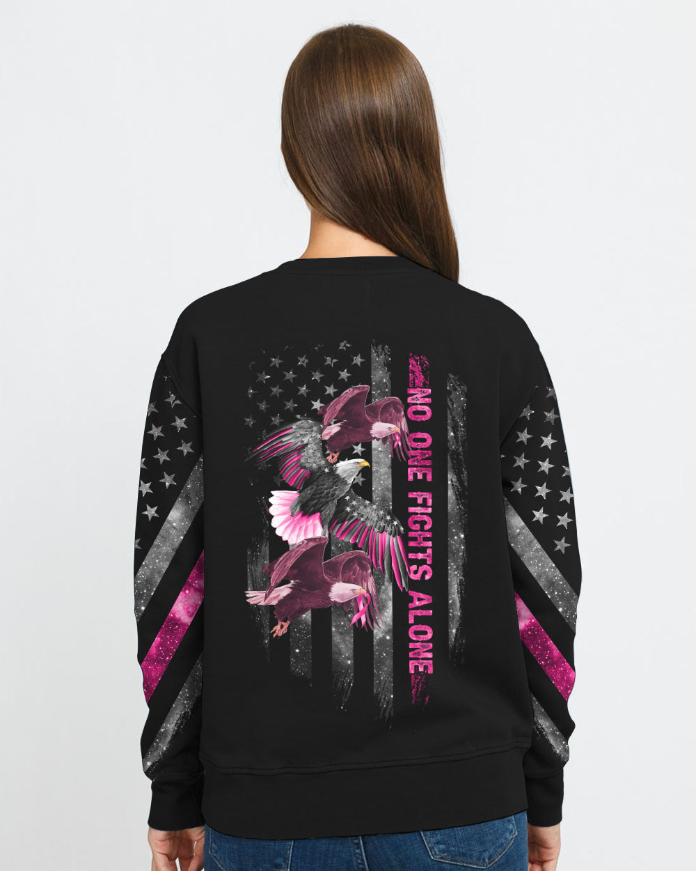 No One Fights Alone Eagle Flag Women's Breast Cancer Awareness Sweatshirt