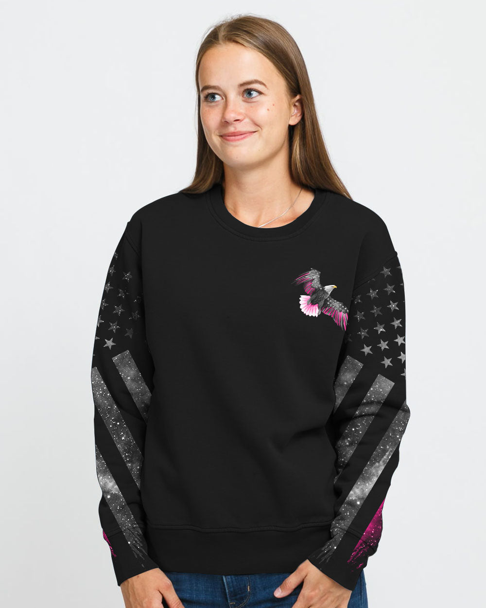 No One Fights Alone Eagle Flag Women's Breast Cancer Awareness Sweatshirt