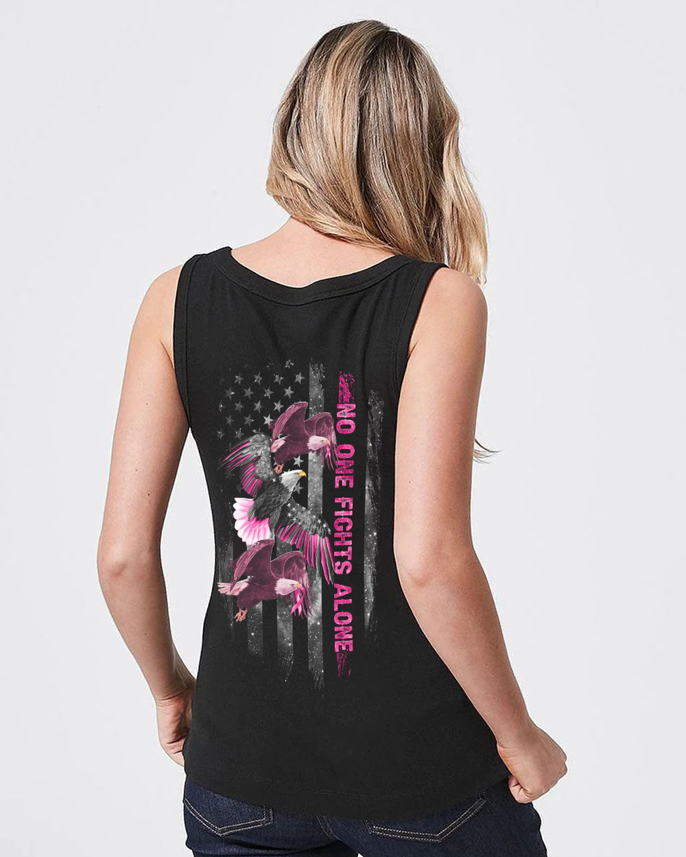 No One Fights Alone Eagle Flag Women's Breast Cancer Awareness Tanks