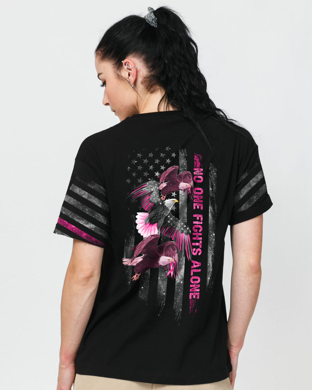 No One Fights Alone Eagle Flag Women's Breast Cancer Awareness Tshirt