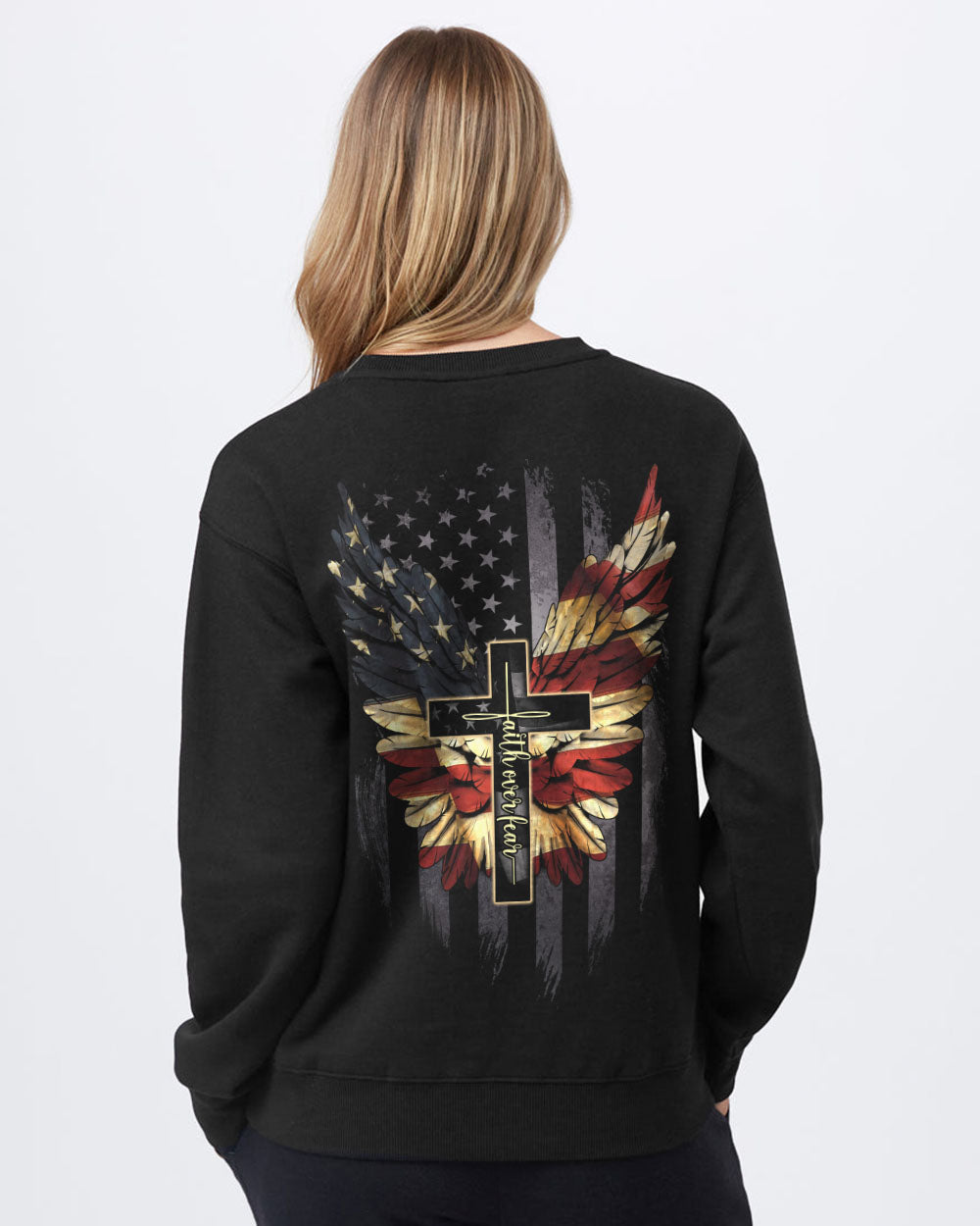 Faith Over Fear Vintage America Flag Wings Women's Christian Sweatshirt