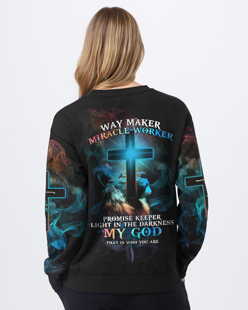 Way Maker Miracle Worker Lion Cross Light Colorful Women's Christian Sweatshirt