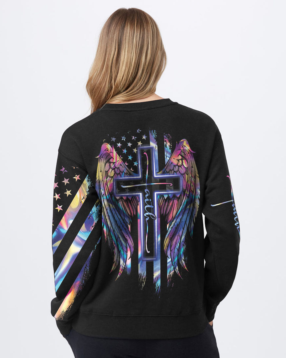Faith Cross Wings Hologram Flag Women's Christian Sweatshirt