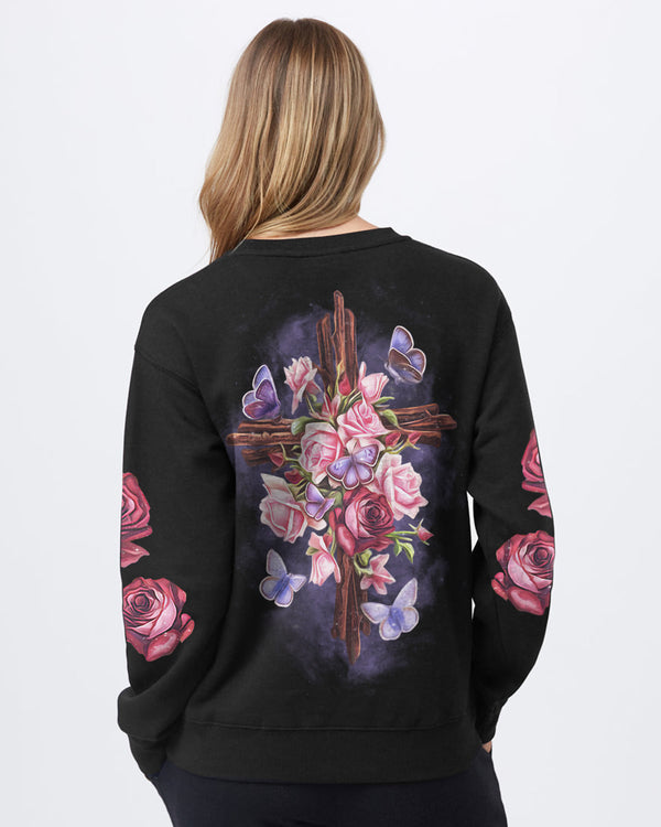 Rose Wood Cross Butterfly Women's Christian Sweatshirt