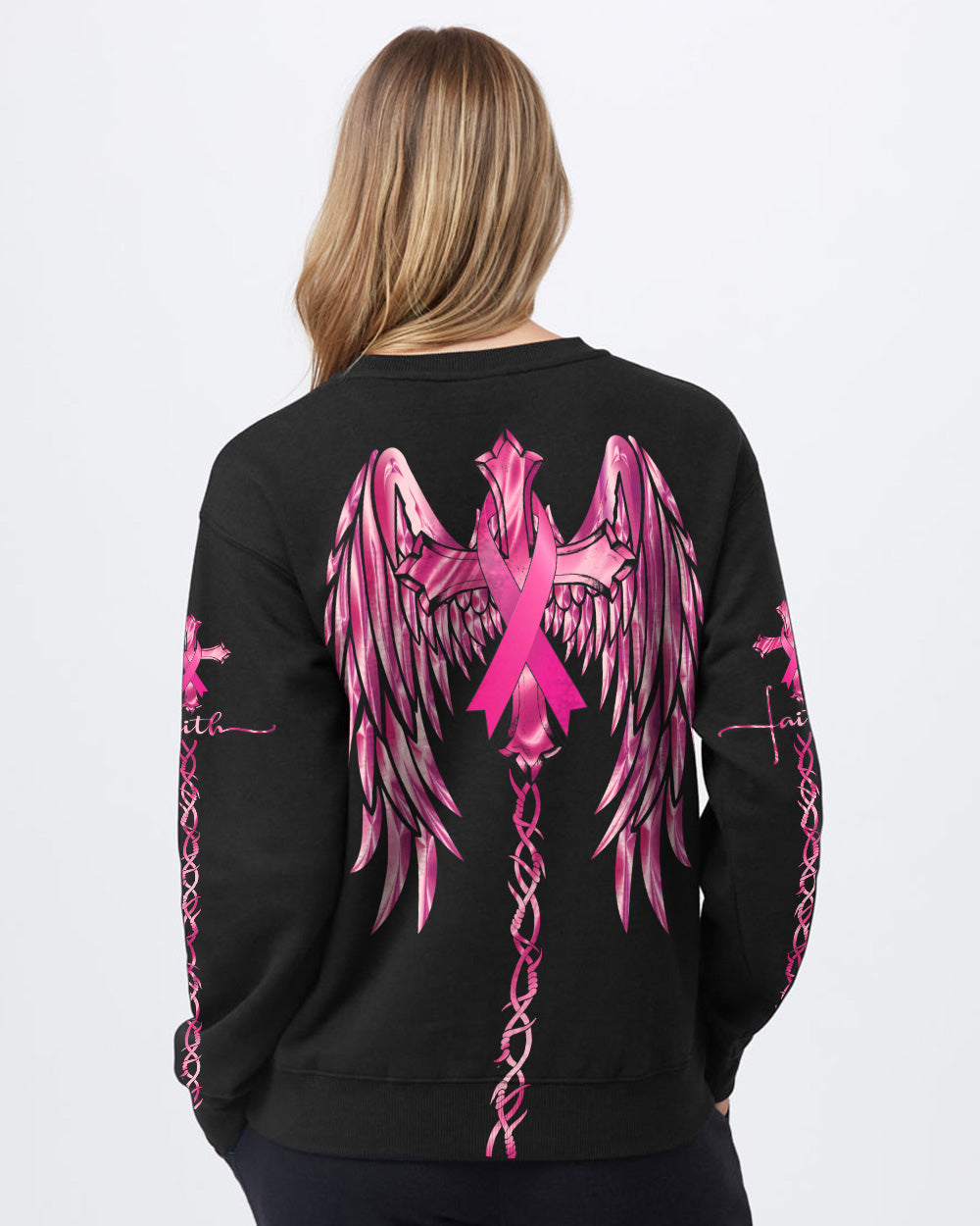 Pink Faith Wings Cross Women's Breast Cancer Awareness Sweatshirt