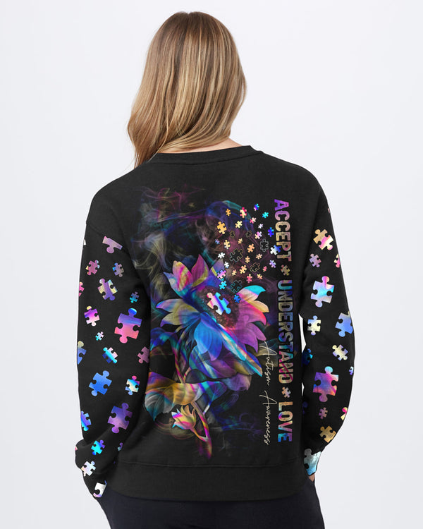 Accept Understand Love Flag Sunflower Smoke Women's Autism Awareness Sweatshirt