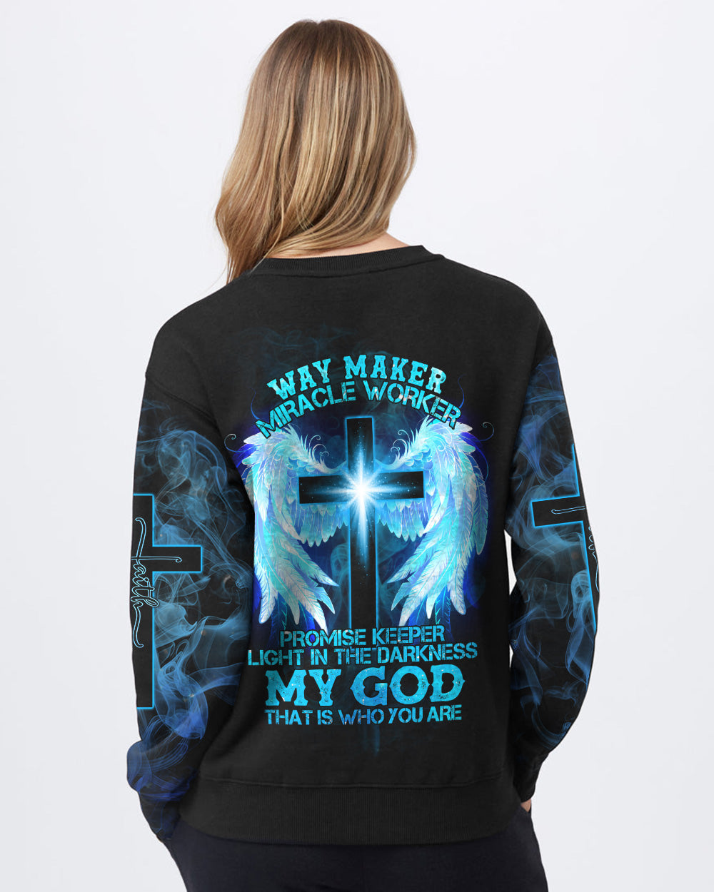 Way Maker Miracle Worker Promise Keeper Light In The Darkness Light Cross Wings Smoke Women's Christian Sweatshirt