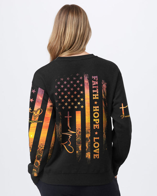 Faith Hope Love Heartbeat Sunflower Flag Women's Christian Sweatshirt