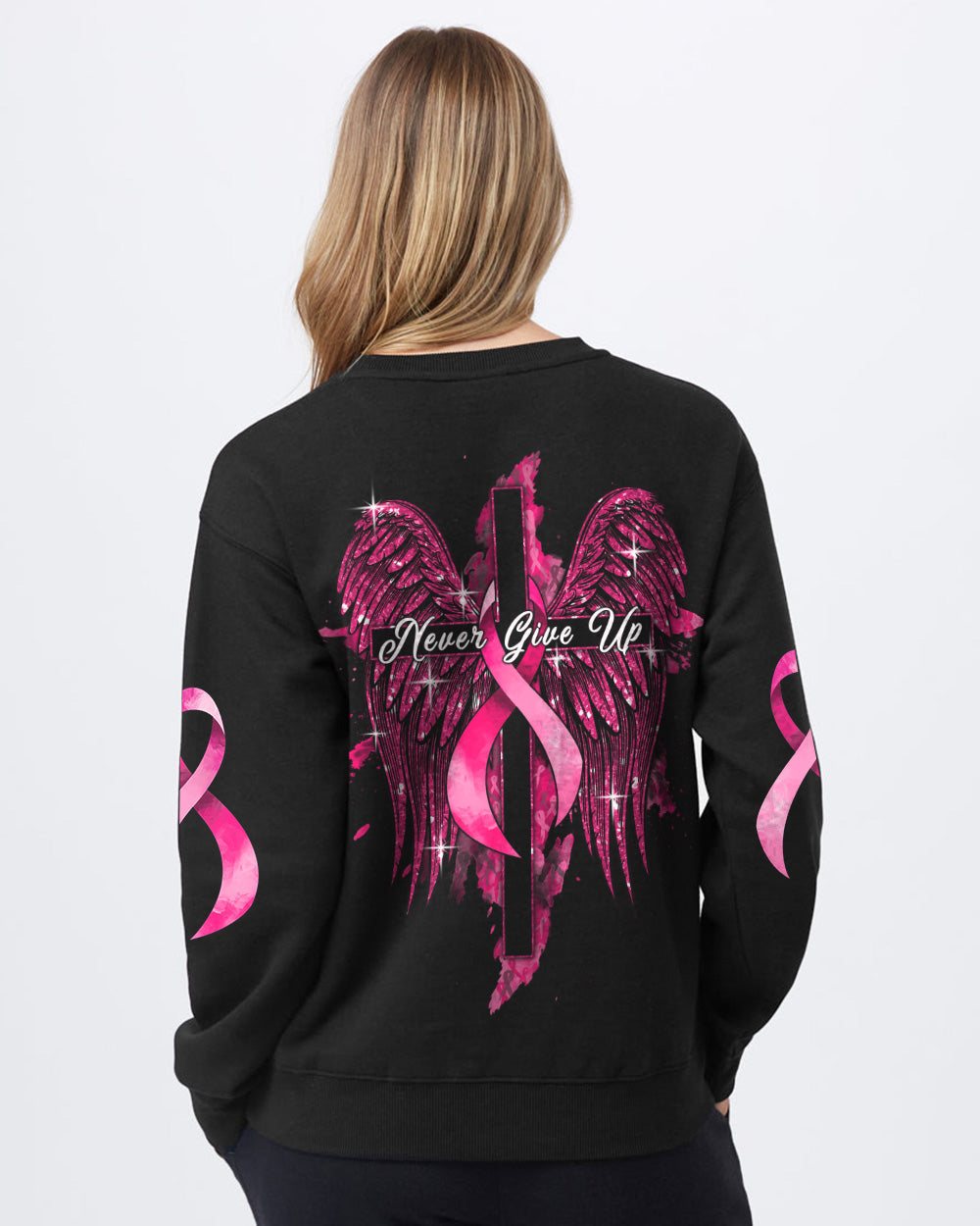 Never Give Up Glitter Wings Women's Breast Cancer Awareness Sweatshirt