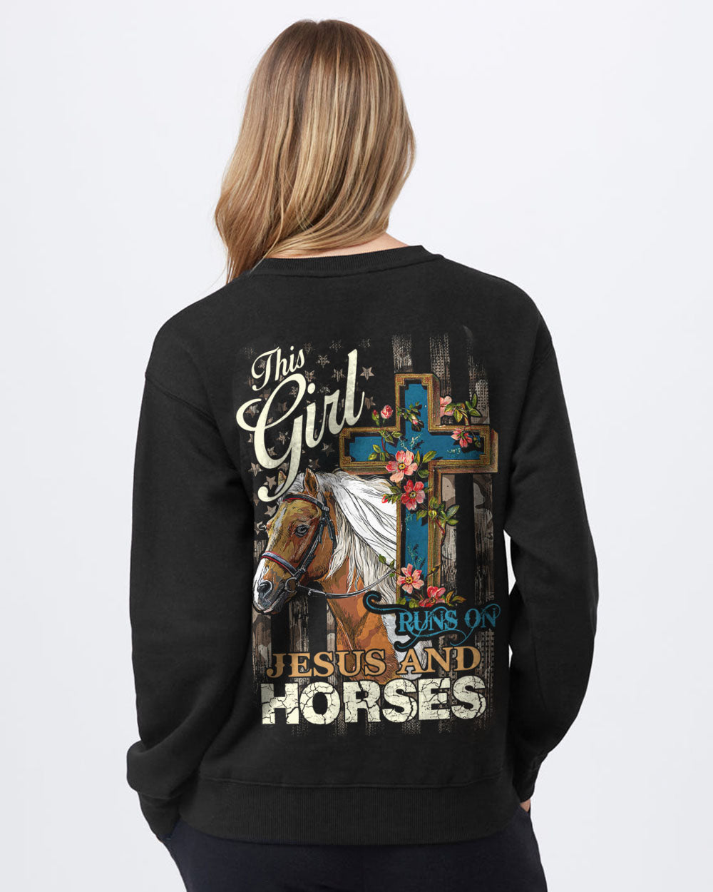 This Girl Runs On Jesus And Horses Cross Women's Christian Sweatshirt