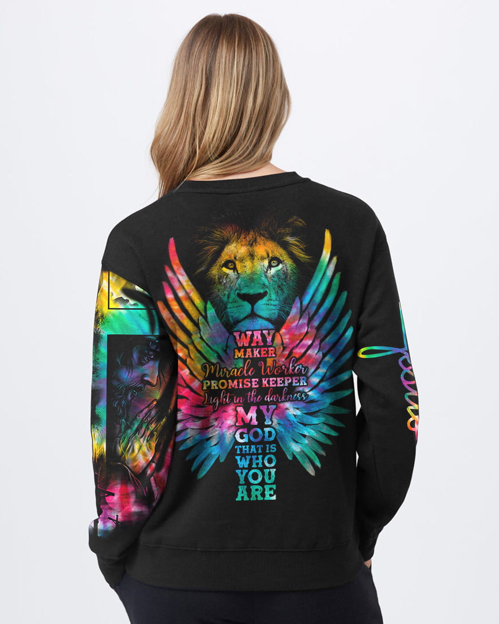 Way Maker Miracle Worker Promise Keeper Life In The Darkness Colorful Lion Wings Women's Christian Sweatshirt