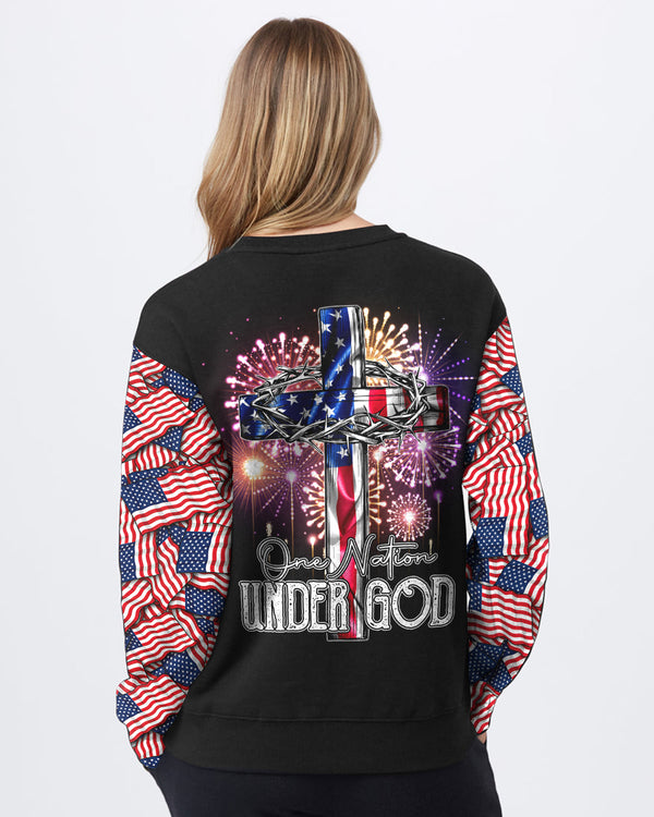 One Nation Under God Cross Fireworks Women's Christian Sweatshirt