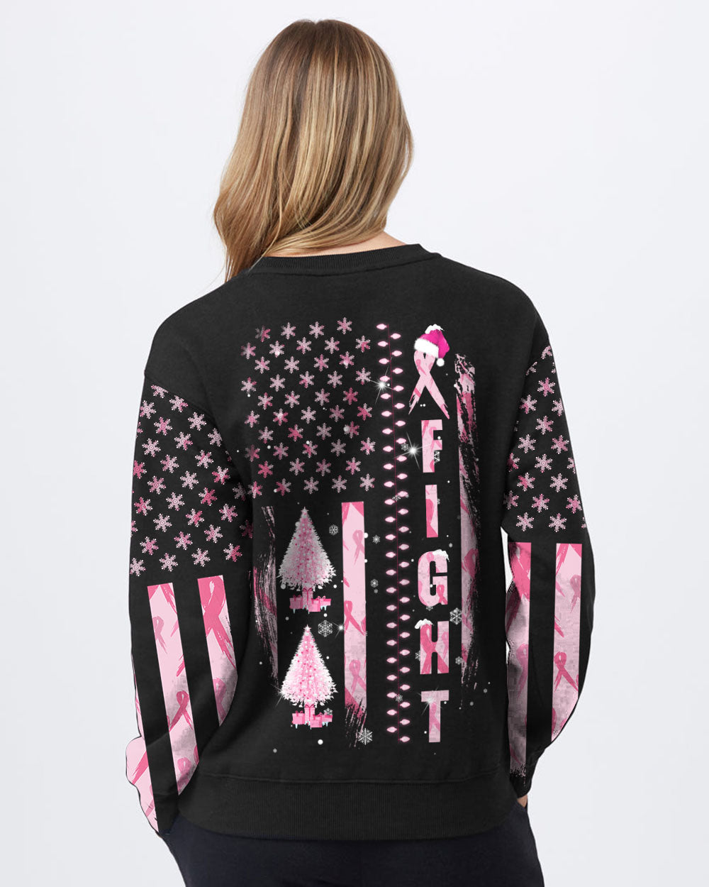 Fight Flag Christmas Tree Women's Breast Cancer Awareness Sweatshirt