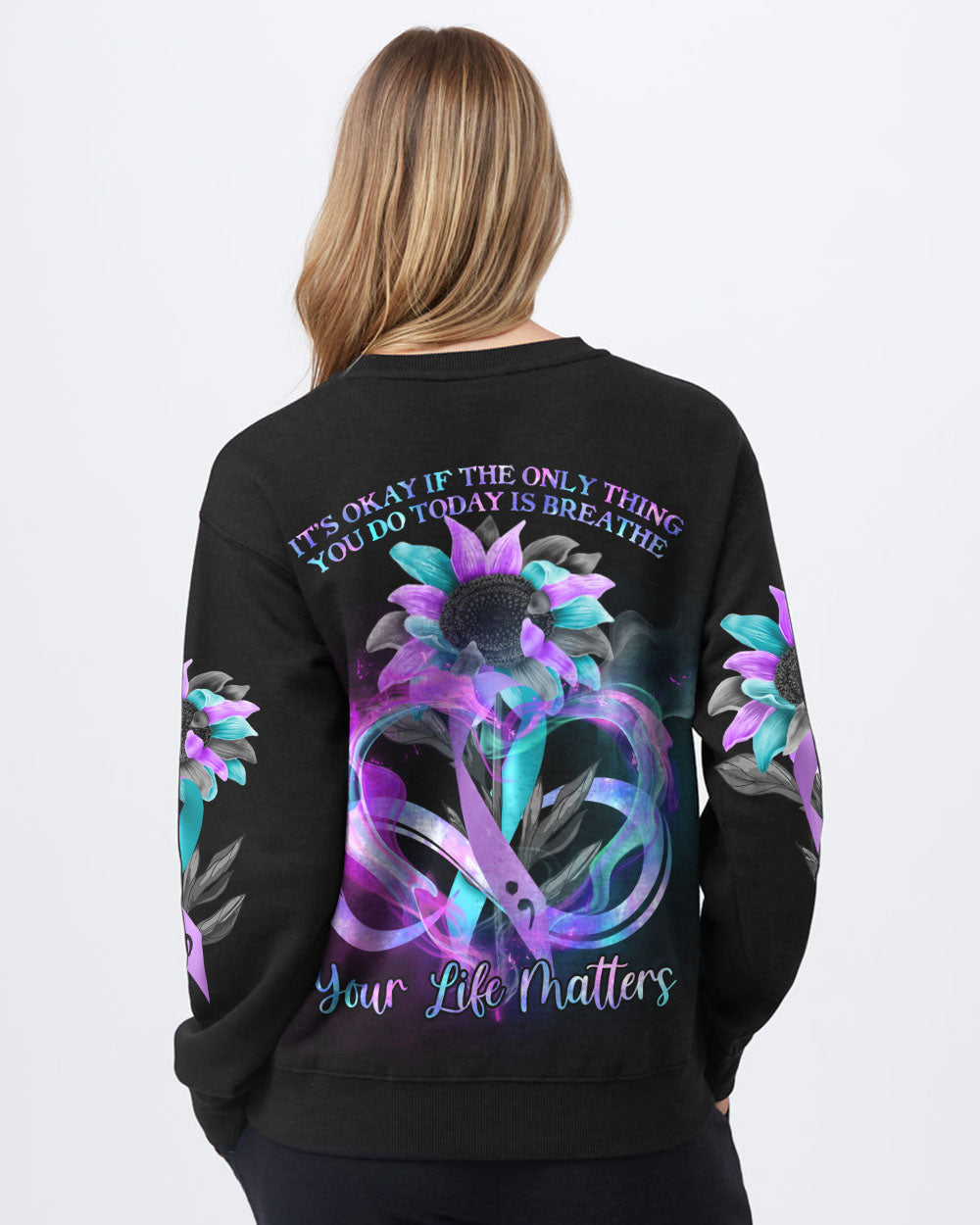 It's Okay If The Only Thing You Do Today Is Breathe Sunflower Smoke Ribbon Women's Suicide Prevention Awareness Sweatshirt