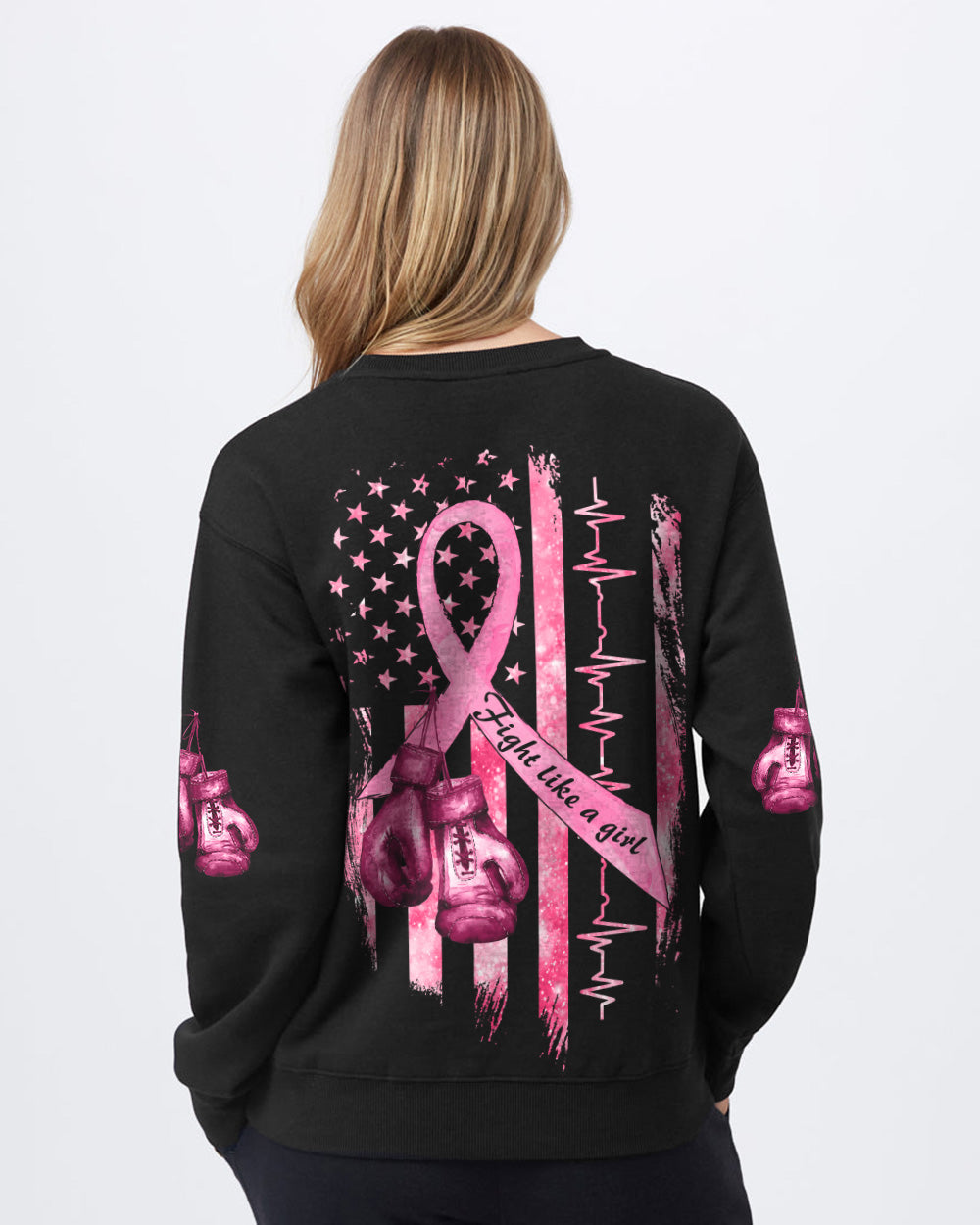 Fight Like A Girl Ribbon Flag Women's Breast Cancer Awareness Sweatshirt