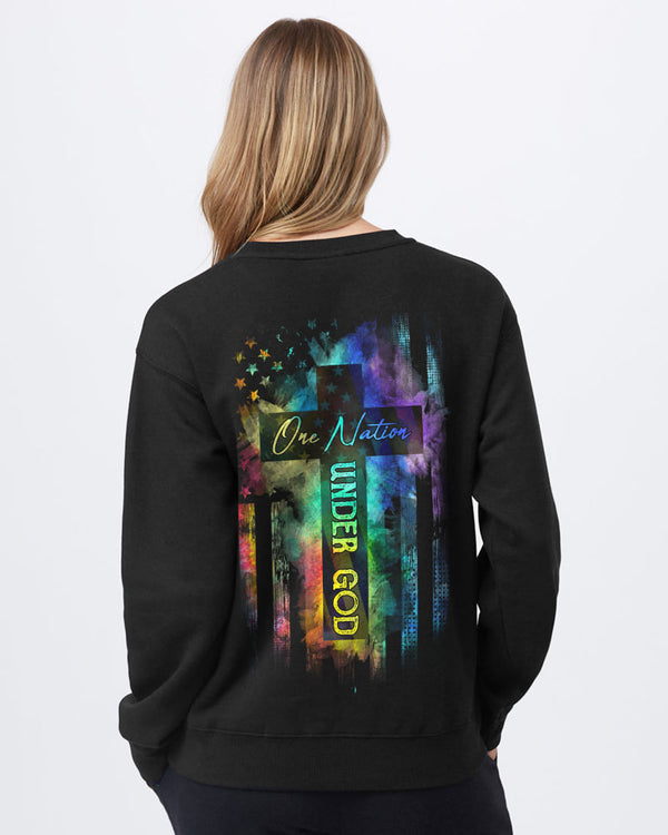 One Nation Under God Colorful Cross Flag Women's Christian Sweatshirt