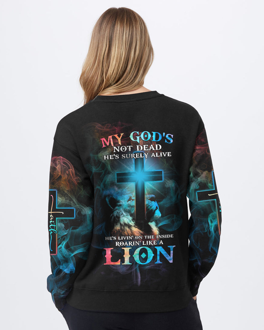 My God's Not Dead He's Surely Alive Lion Cross Light Smoke Women's Christian Sweatshirt