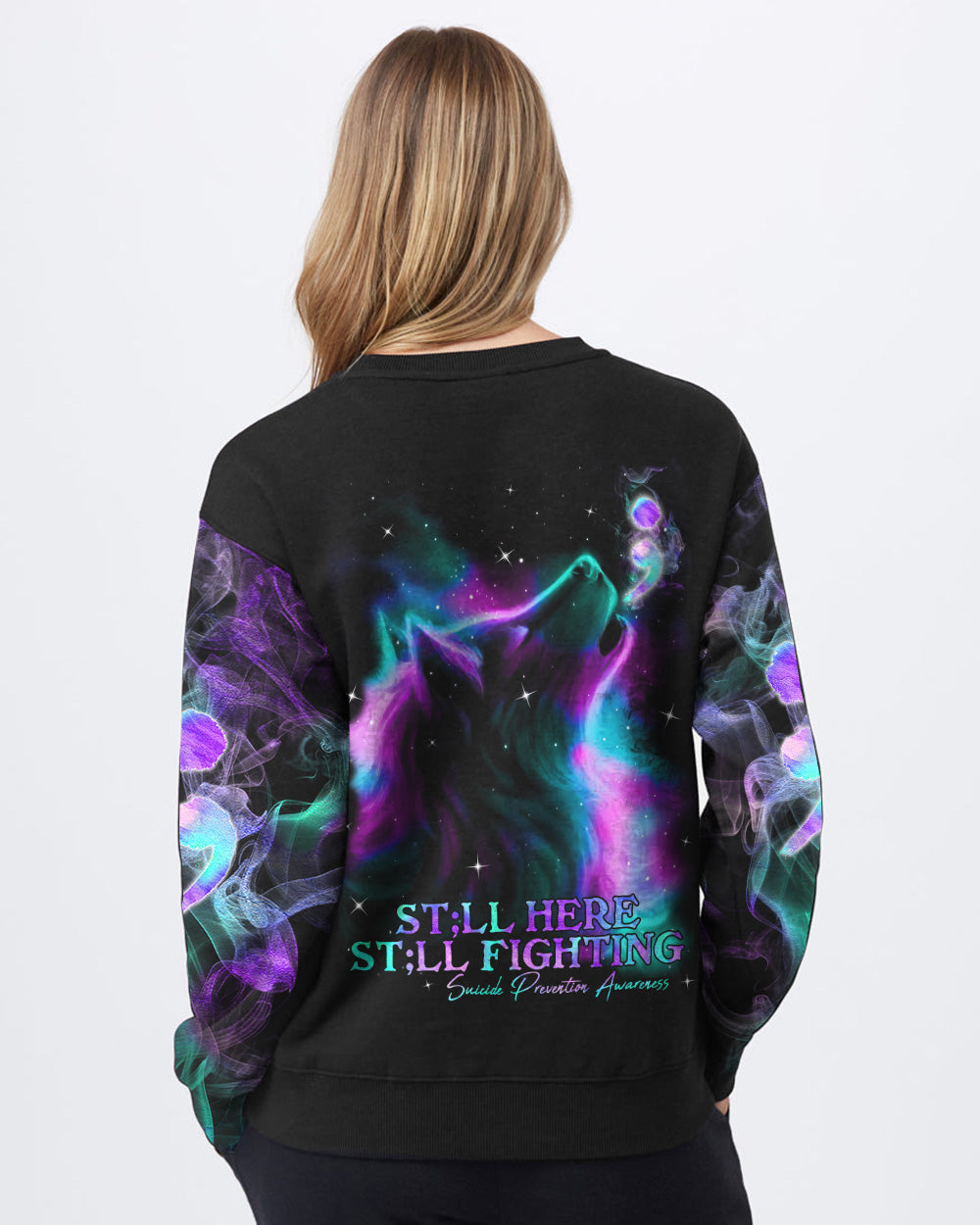Still Here Still Fighting Wolf Colorful Women's Suicide Prevention Awareness Sweatshirt