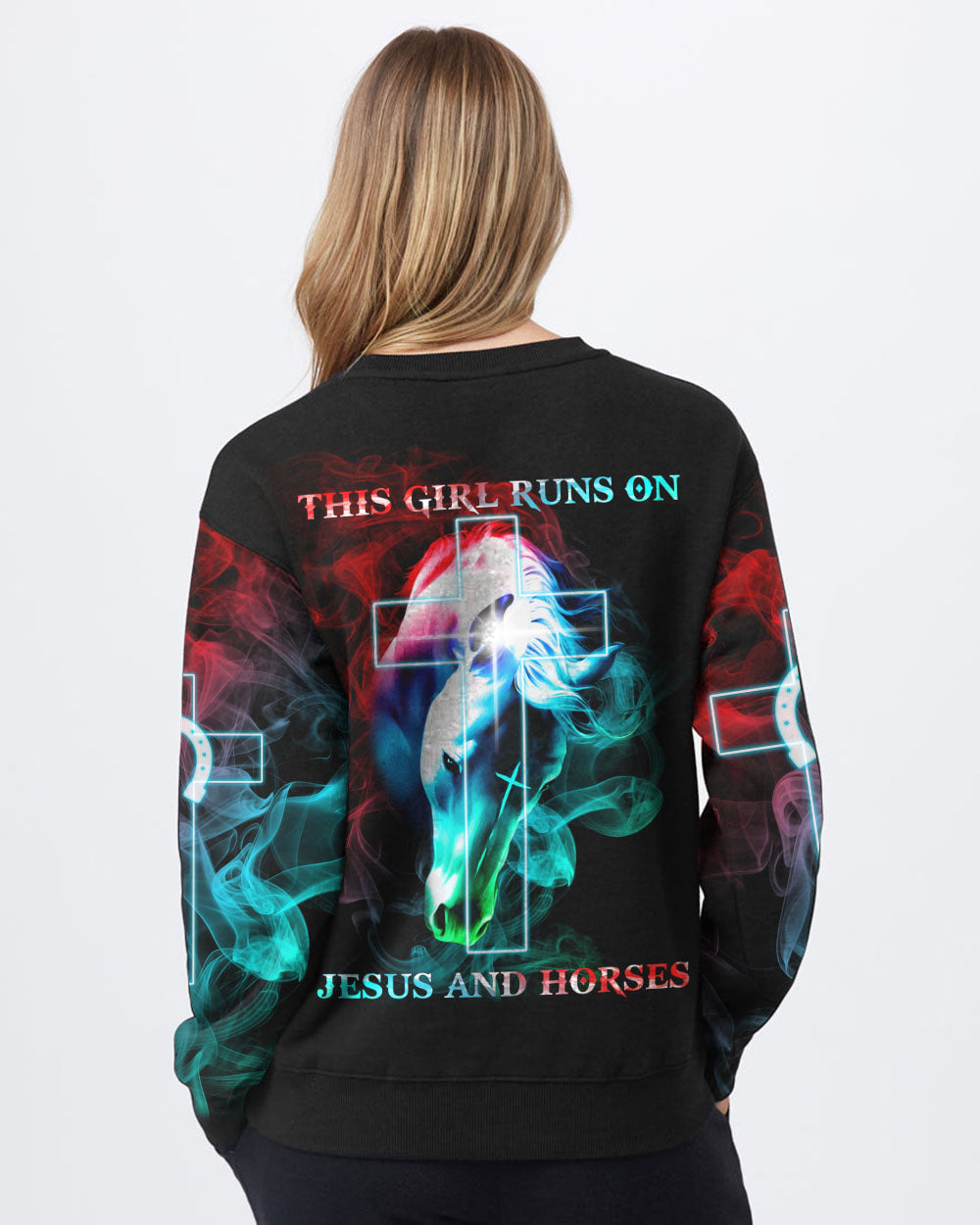 This Girl Runs On Jesus And Horse Colorful Smoke Women's Christian Sweatshirt
