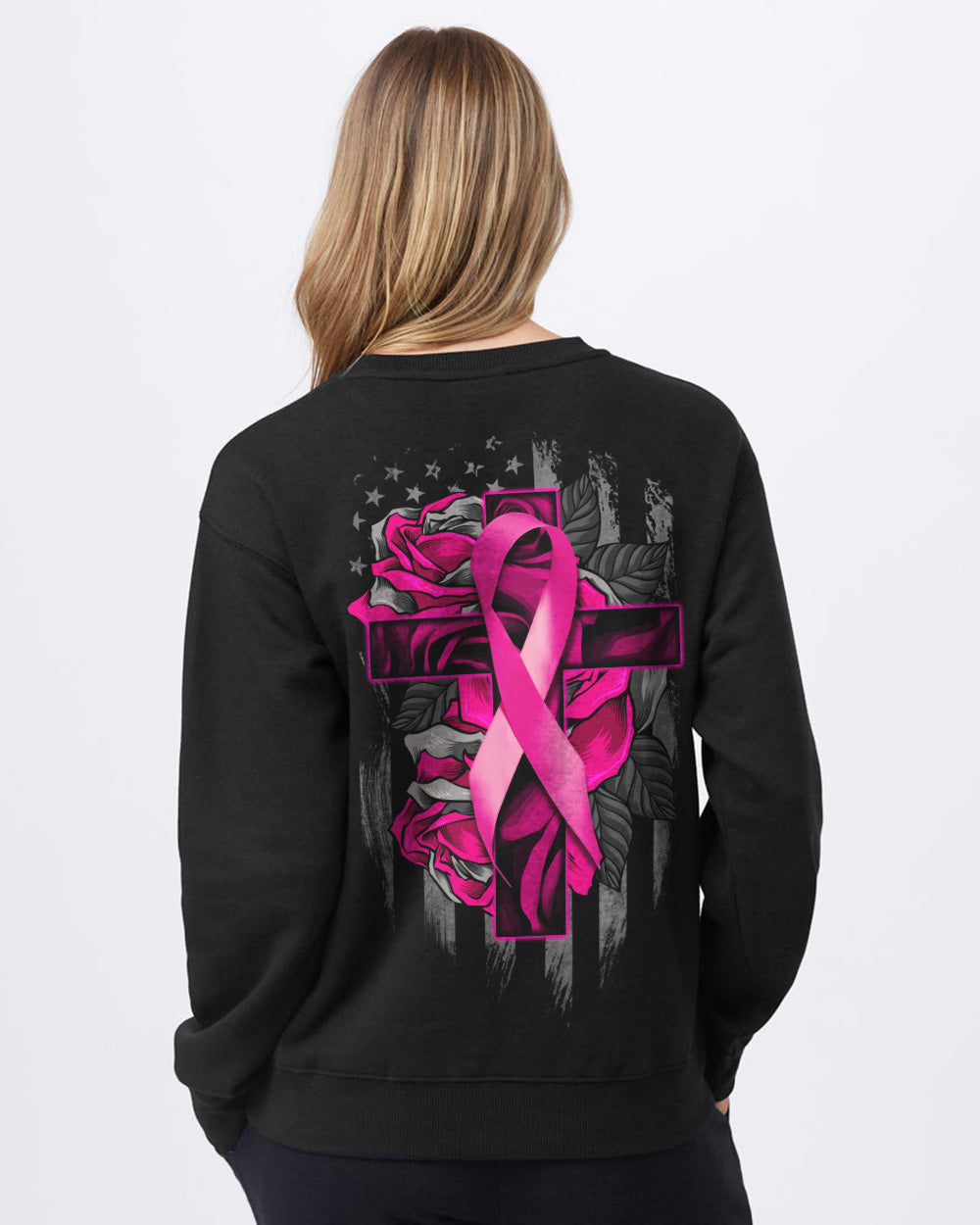 Rose With Ribbon Cross Flag Women's Breast Cancer Awareness Sweatshirt