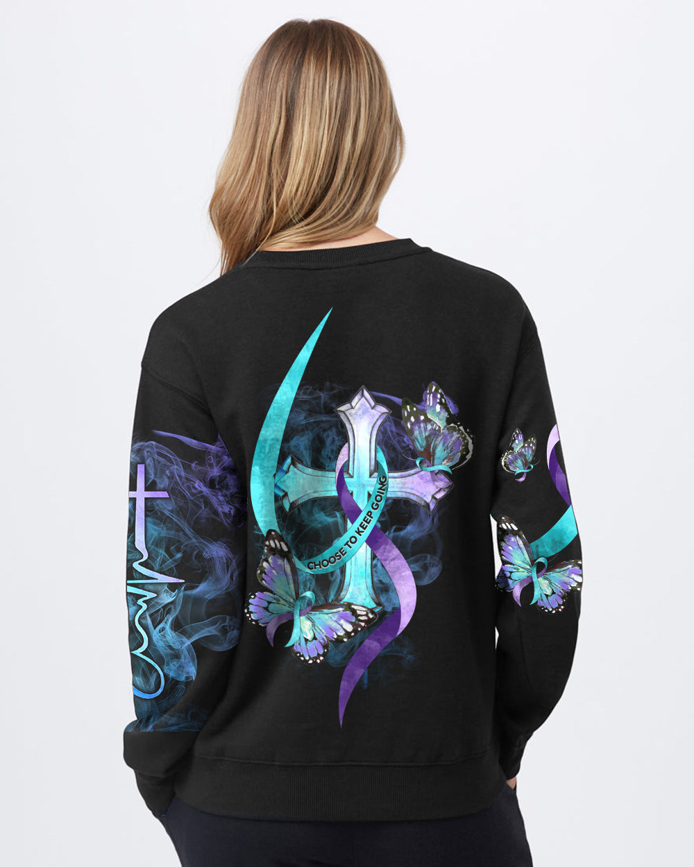 Choose To Keep Going Cross Smoke Butterfly Ribbons Women's Christian Sweatshirt