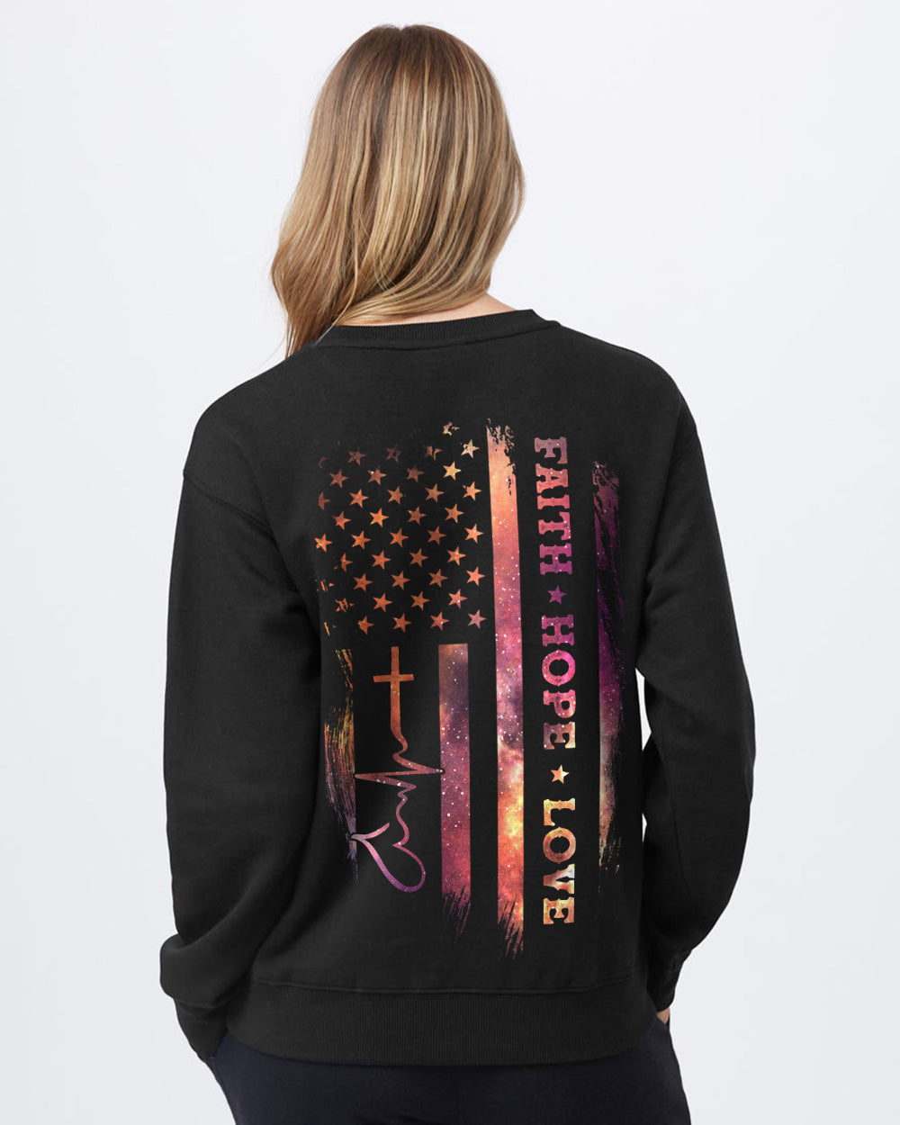 Faith Hope Love Galaxy Flag Heartbeat Women's Christian Sweatshirt