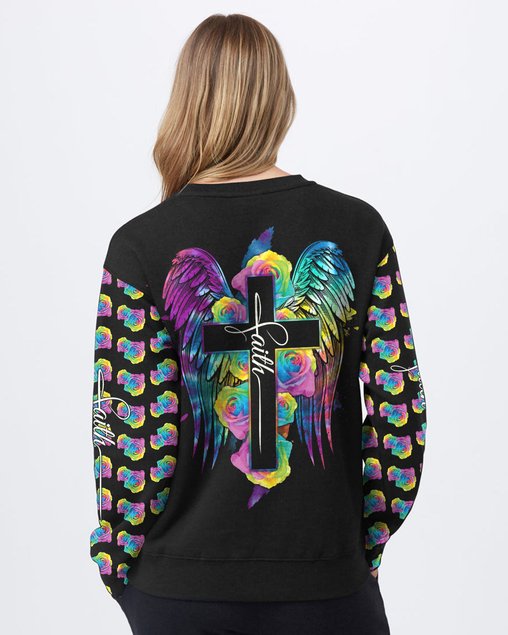 Cross Rose Wings Colorful Women's Christian Sweatshirt