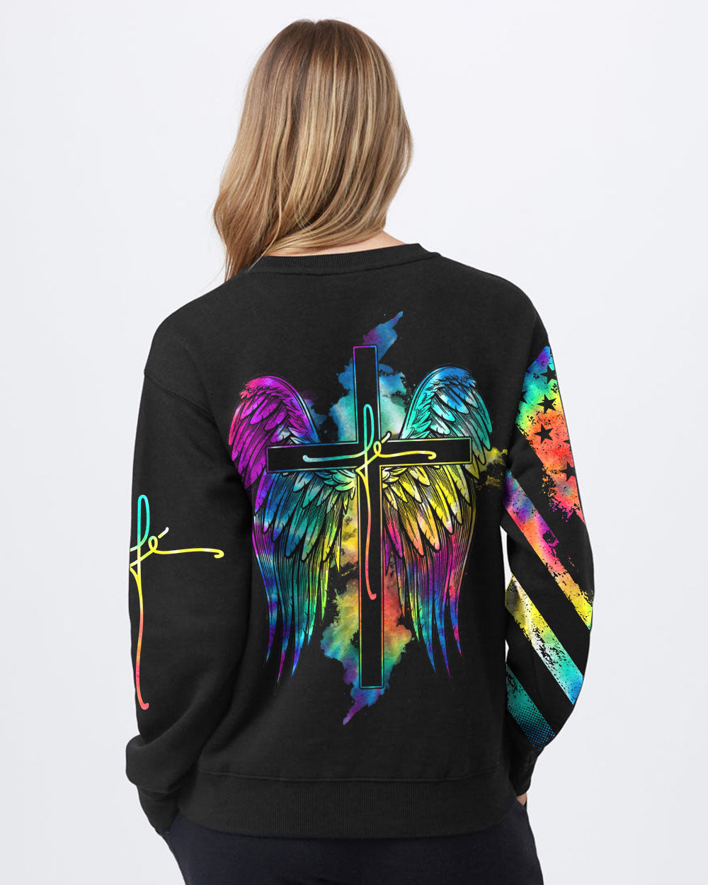 Fe' Cross Wings Colorful Watercolor Women's Christian Sweatshirt