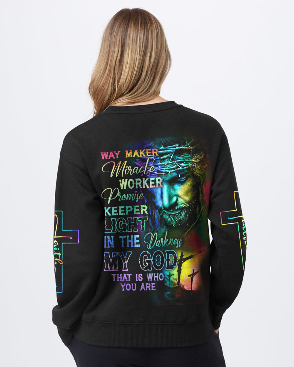Way Maker Miracle Worker Rainbow Painting Jesus Women's Christian Sweatshirt