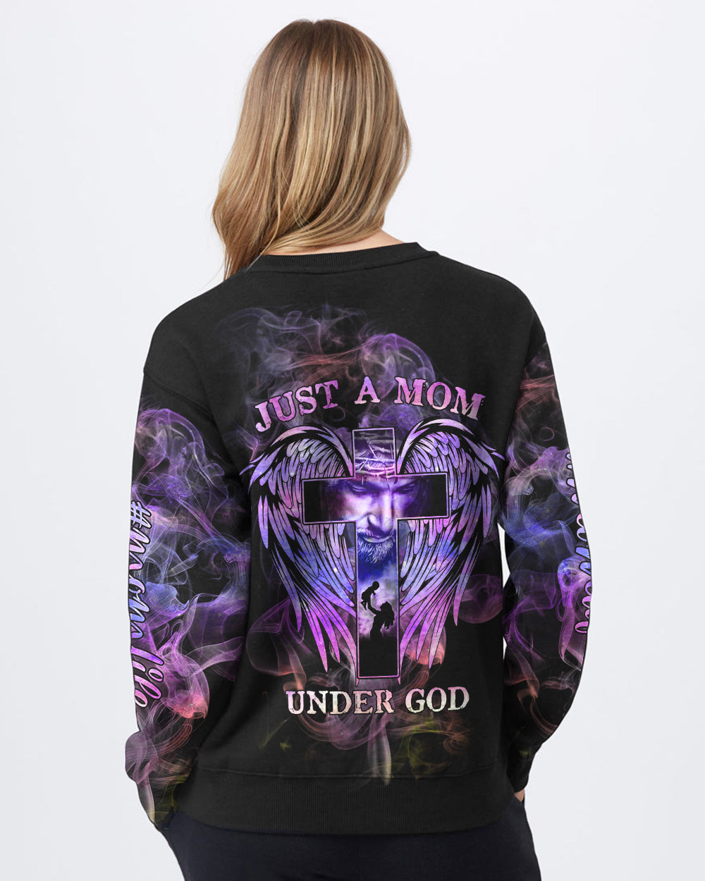 Just A Mom Under God Cross Wings Women's Christian Sweatshirt