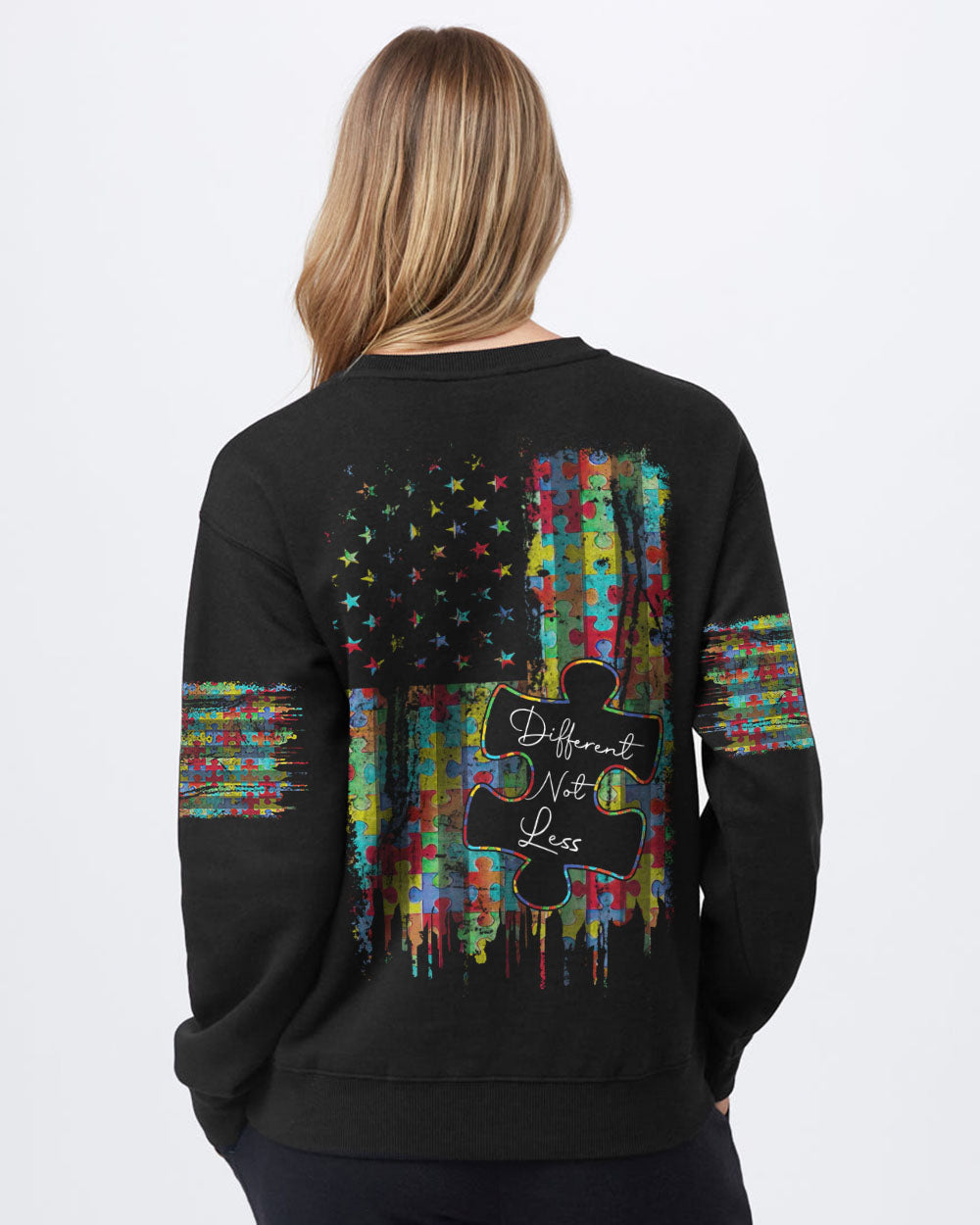 Different Not Less Flag Women's Autism Awareness Sweatshirt