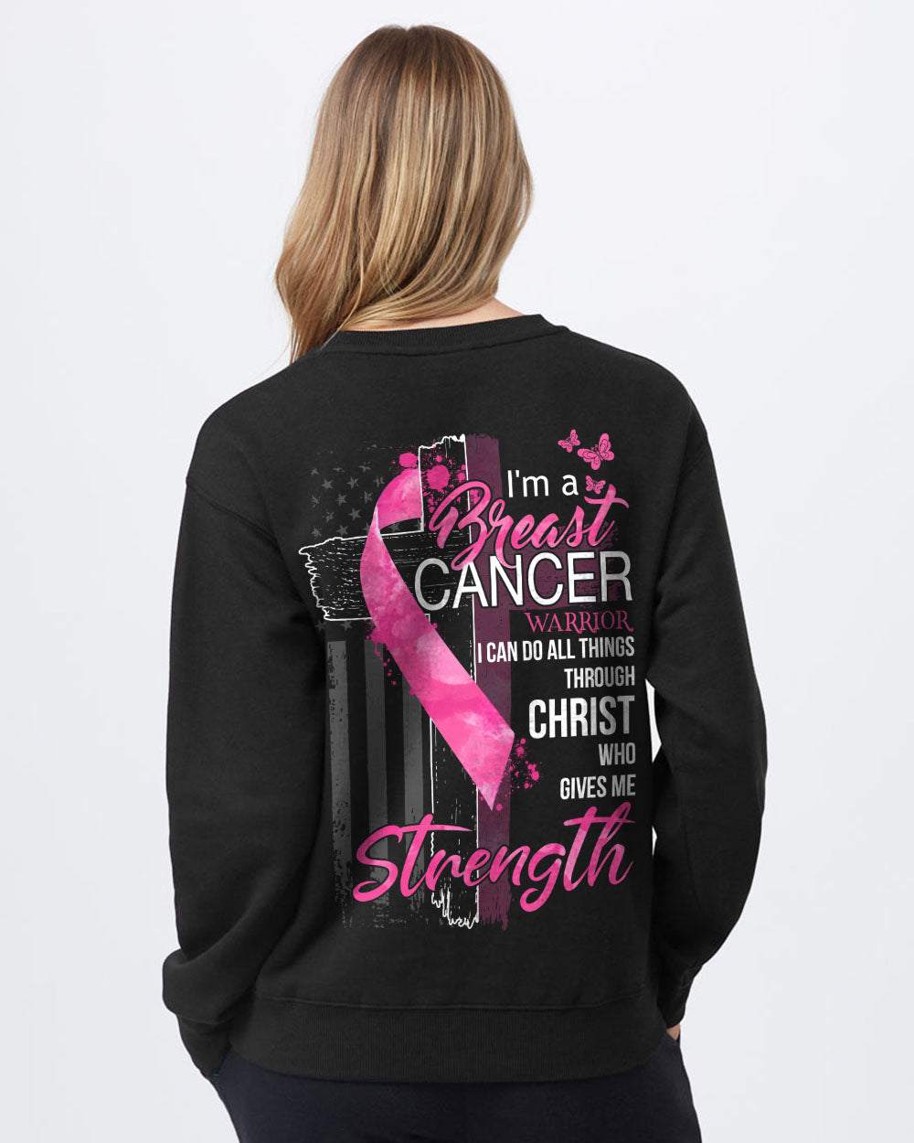 I Am A Breast Cancer Warrior Cross Ribbon Flag Women's Breast Cancer Awareness Sweatshirt