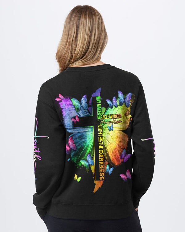 Way Maker Miracle Worker Butterfly Half Cross Text Women's Christian Sweatshirt