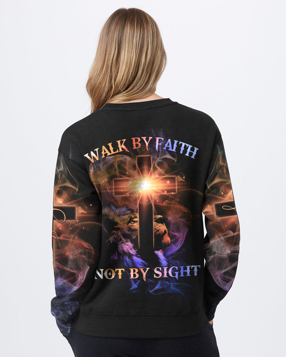 Walk By Faith Not By Sight Lion Cross Women's Christian Sweatshirt
