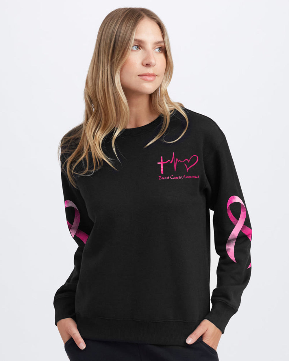 Never Give Up Glitter Wings Women's Breast Cancer Awareness Sweatshirt