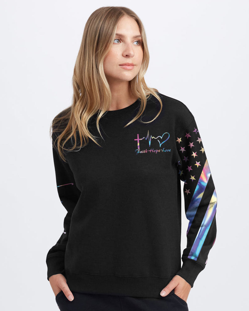 Faith Cross Wings Hologram Flag Women's Christian Sweatshirt