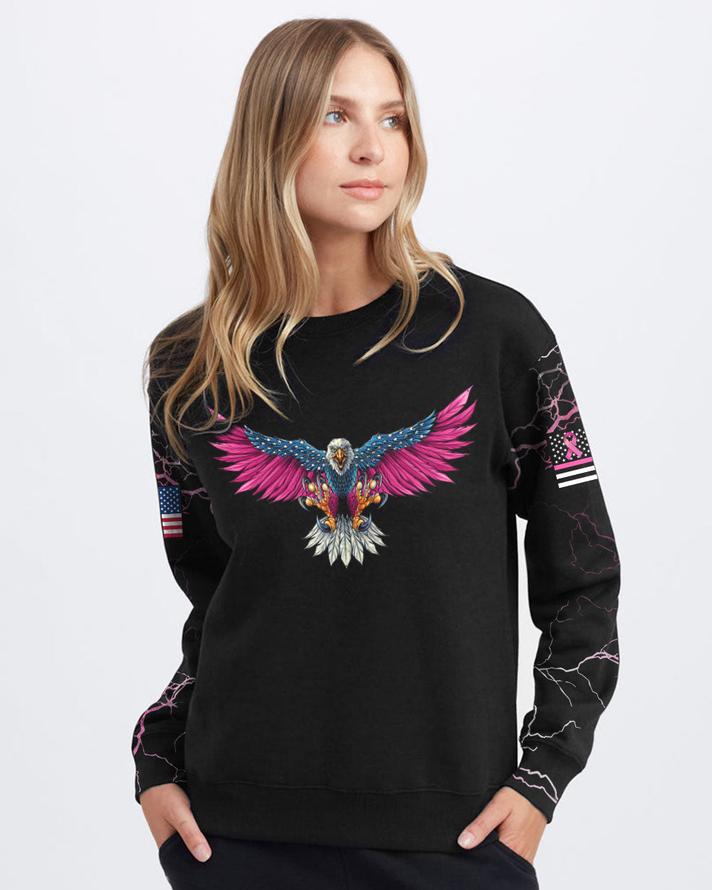 Be Stronger Than The Storm Eagle With Flag Women's Breast Cancer Awareness Sweatshirt