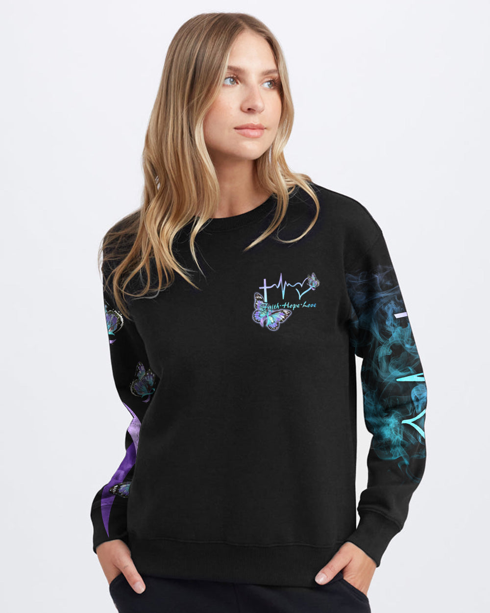 Choose To Keep Going Cross Smoke Butterfly Ribbons Women's Christian Sweatshirt