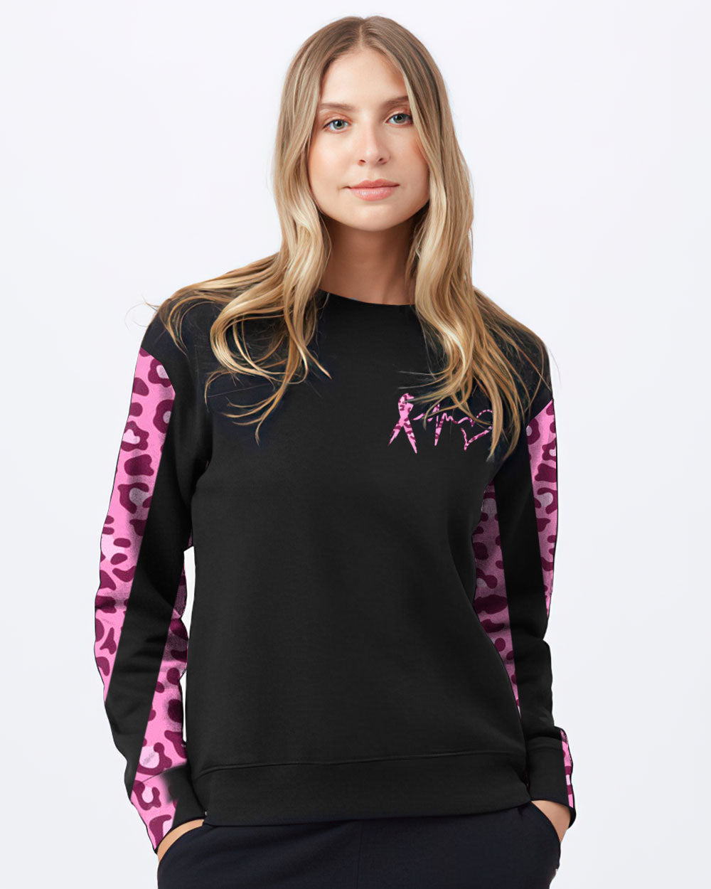 Fight Heartbeat Leopard Flag Women's Breast Cancer Awareness Sweatshirt