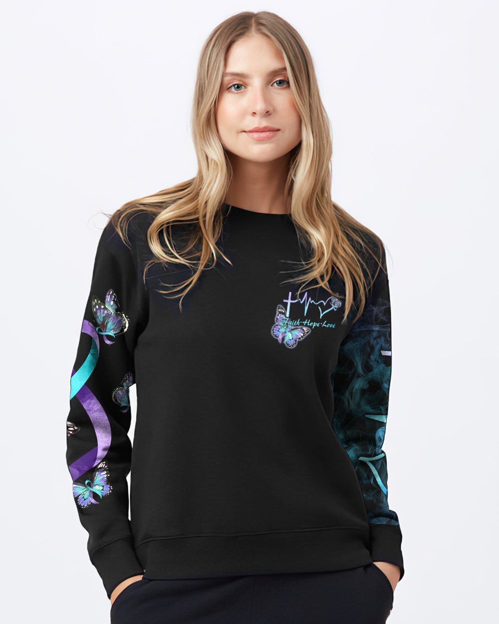Choose To Keep Going Cross Smoke Butterfly Ribbons Women's Christian Sweatshirt